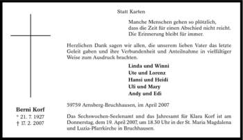 Traueranzeige von Berni Korf von Tageszeitung
