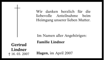 Traueranzeige von Gertrud Lindner von Tageszeitung