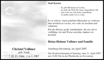 Traueranzeige von Christel Vollmer von Tageszeitung