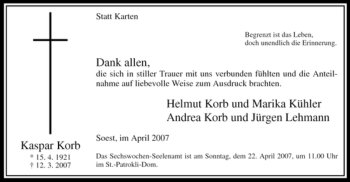 Traueranzeige von Kaspar Korb von Tageszeitung