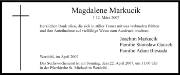 Traueranzeige von Magdalene Markucik von Tageszeitung