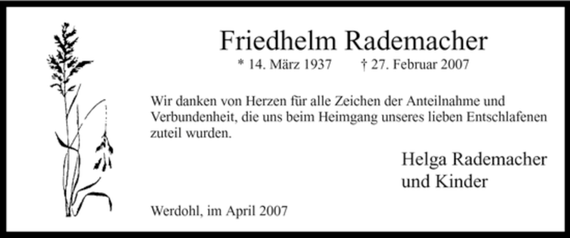  Traueranzeige für Friedhelm Rademacher vom 14.04.2007 aus Tageszeitung