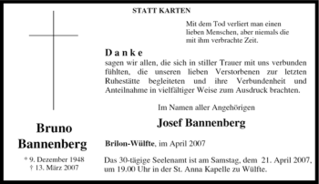 Traueranzeige von Bruno Bannenberg von Tageszeitung