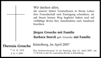 Traueranzeige von Theresia Grosche von Tageszeitung