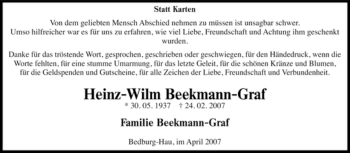 Traueranzeige von Hein-Wilm Beekmann-Graf von Tageszeitung