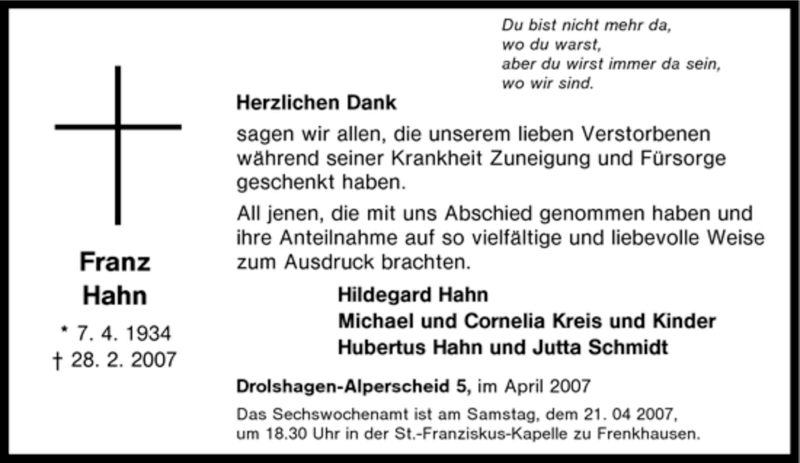  Traueranzeige für Franz Hahn vom 17.04.2007 aus Tageszeitung