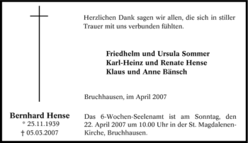 Traueranzeige von Bernhard Hense von Tageszeitung