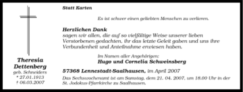 Traueranzeige von Theresia Dettenberg von Tageszeitung