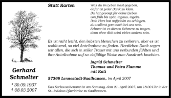 Traueranzeige von Gerhard Schmelter von Tageszeitung