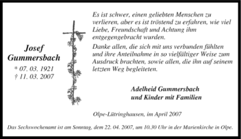 Traueranzeige von Josef Gummersbach von Tageszeitung