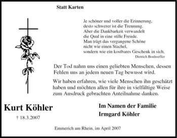 Traueranzeige von Kurt Köhler von Tageszeitung