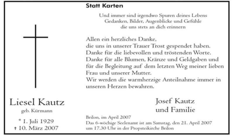  Traueranzeige für Liesel Kautz vom 17.04.2007 aus Tageszeitung