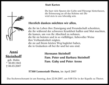 Traueranzeige von Anni Steinhoff von Tageszeitung