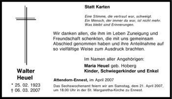 Traueranzeige von Walter Heuel von Tageszeitung