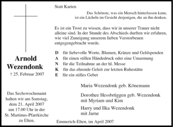 Traueranzeige von Arnold Wezendonk von Tageszeitung