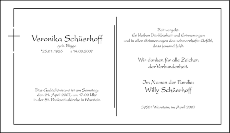  Traueranzeige für Veronika SChüerhoff vom 18.04.2007 aus Tageszeitung