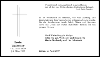 Traueranzeige von Erwin Watholsky von Tageszeitung