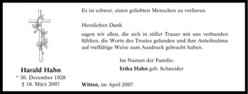 Traueranzeige von Harald Hahn von Tageszeitung