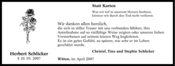 Traueranzeige von Herbert Schlicker von Tageszeitung