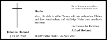 Traueranzeige von Johanna Holland von Tageszeitung