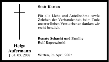 Traueranzeige von Helga Aufermann von Tageszeitung