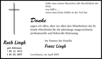 Traueranzeige von Ruth Lingk von Tageszeitung