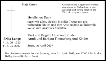 Traueranzeige von Erika Lange von Tageszeitung
