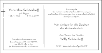 Traueranzeige von Veronika SChüerhoff von Tageszeitung