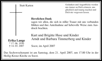 Traueranzeige von Erika Lange von Tageszeitung