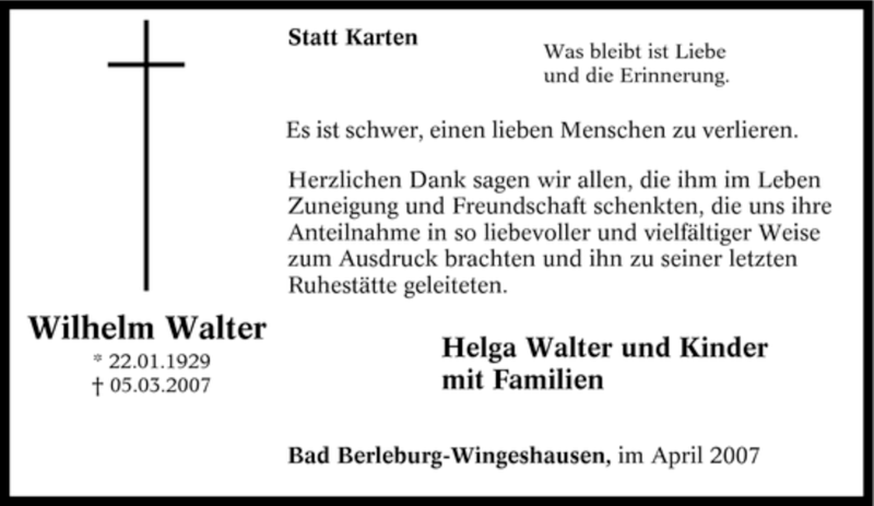  Traueranzeige für Wilhelm Walter vom 20.04.2007 aus Tageszeitung