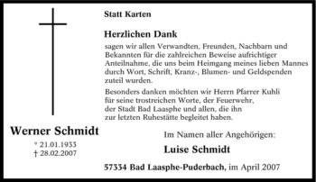 Traueranzeige von Werner Schmidt von Tageszeitung