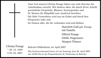 Traueranzeige von Christa Prange von Tageszeitung