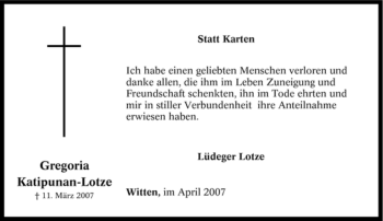 Traueranzeige von Gregoria Katipunan-Lotze von Tageszeitung