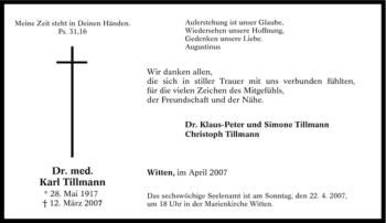 Traueranzeige von Karl Tillmann von Tageszeitung