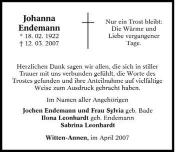 Traueranzeige von Johanna Endemann von Tageszeitung