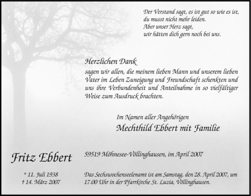  Traueranzeige für Fritz Ebbert vom 21.04.2007 aus Tageszeitung