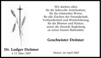 Traueranzeige von Ludger Deitmer von Tageszeitung