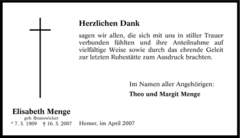 Traueranzeige von Elisabeth Menge von Tageszeitung