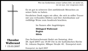 Traueranzeige von Theodor Wallerand von Tageszeitung