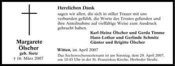 Traueranzeige von Margarete Ölscher von Tageszeitung