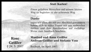 Traueranzeige von Rose Geißler von Tageszeitung