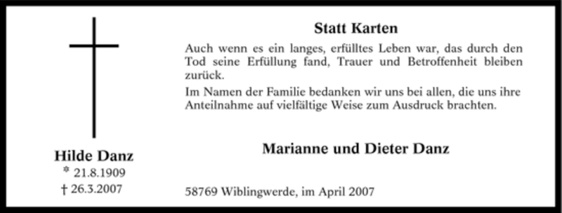  Traueranzeige für Hilde Danz vom 21.04.2007 aus Tageszeitung