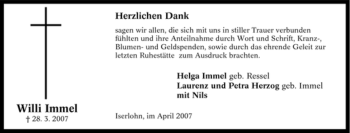 Traueranzeige von Willi Immel von Tageszeitung