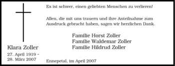 Traueranzeige von Klara Zoller von Tageszeitung