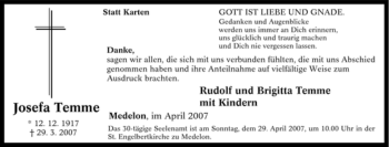 Traueranzeige von Josefa Temme von Tageszeitung