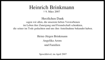 Traueranzeige von Heinrich Brinkmann von Tageszeitung