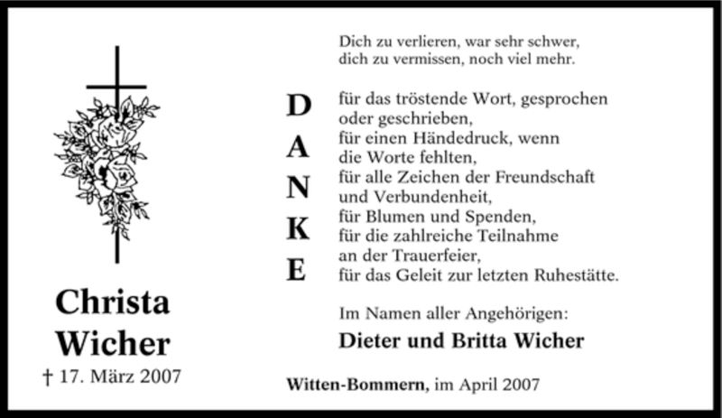  Traueranzeige für Christa Wicher vom 21.04.2007 aus Tageszeitung