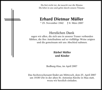 Traueranzeige von Erhard Dietmar Müller von Tageszeitung