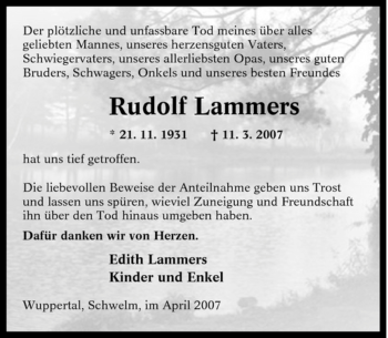 Traueranzeige von Rudolf Lammers von Tageszeitung