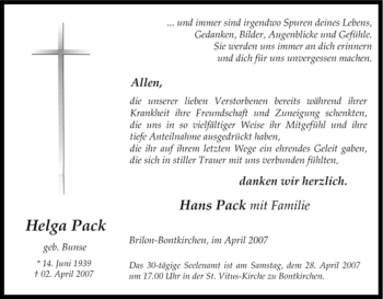 Traueranzeige von Helga Pack von Tageszeitung